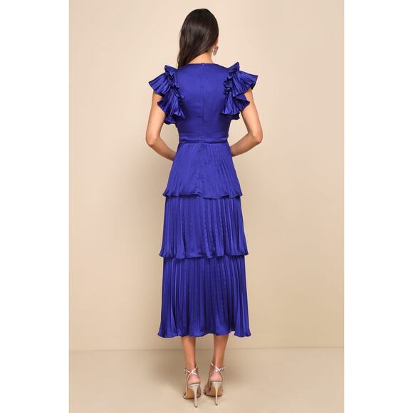 NWT Lulus Stunning Desire Cobalt Blue Satin Pleated Tiered Midi Dress Ruffle M - Picture 3 of 8
